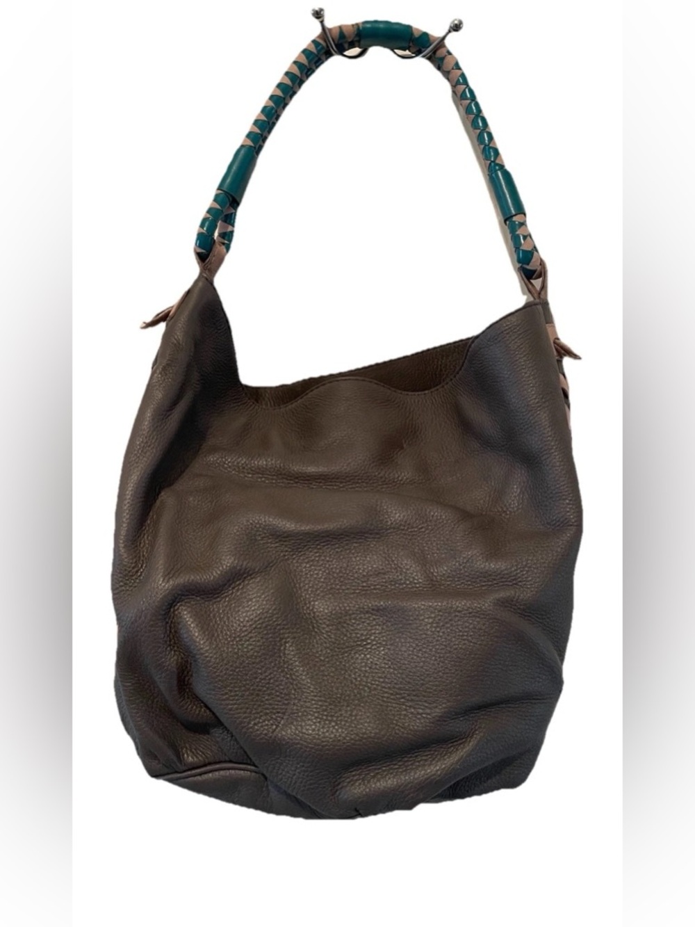 Malo Dark Gray Leather Hobo with Teal Braided Handle